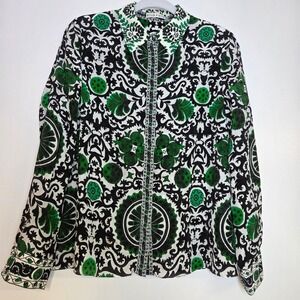 Alice + Olivia Silk Blouse M Green Black Baroque Print Button Down Long Sleeve